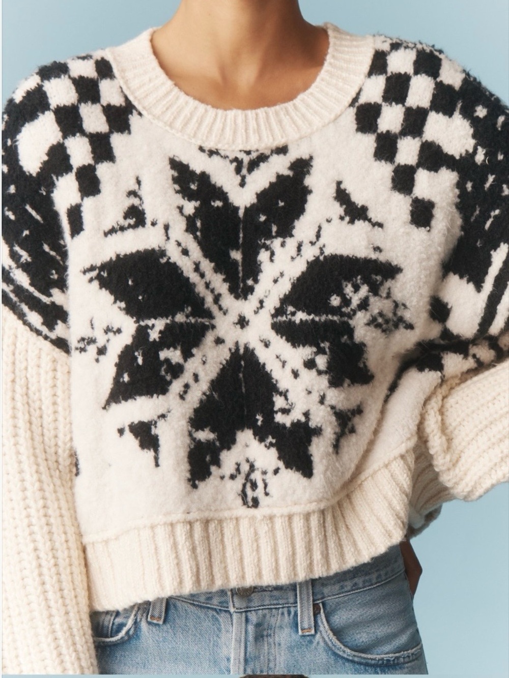Anthropologie's Pilcro Crew Neck Nordic Oversized Cream Black Chunky Sweater 1X